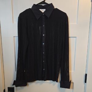 Jones New York Black Shadow Stripe Sheer Blouse Button Down Shirt Womens L NWT